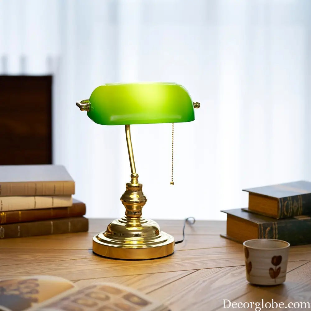 Colette Vintage Bankers Table Lamp with Green Glass Shade - Table Lamp