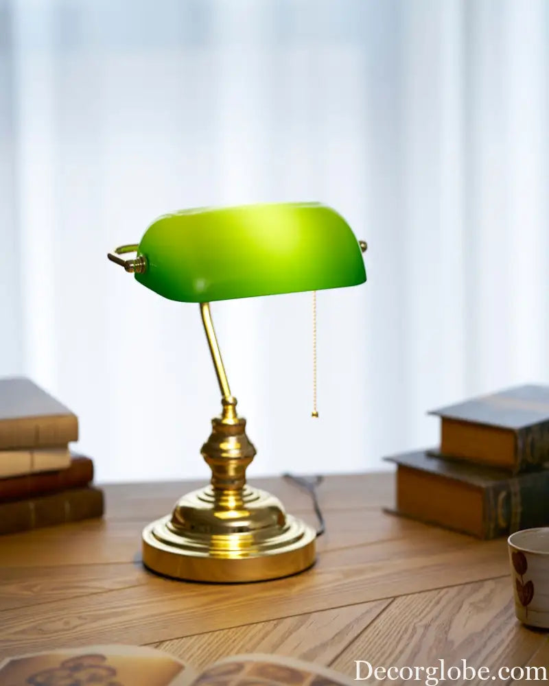 Colette Vintage Bankers Table Lamp with Green Glass Shade - Table Lamp