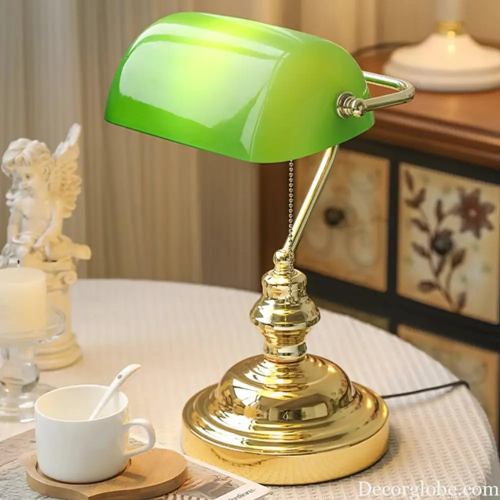 Colette Vintage Bankers Table Lamp with Green Glass Shade - Table Lamp