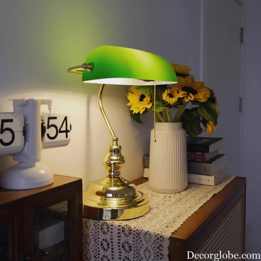 Colette Vintage Bankers Table Lamp with Green Glass Shade - Table Lamp