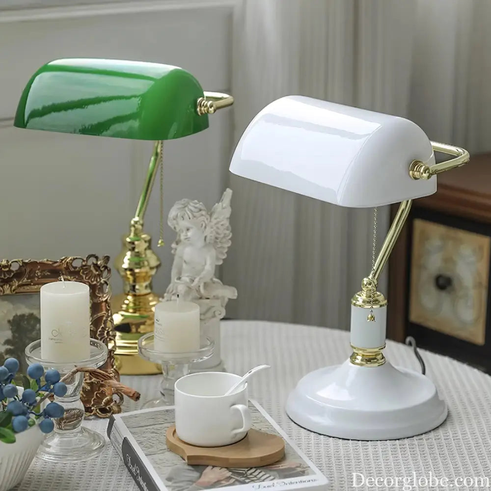 Colette Vintage Bankers Table Lamp with Green Glass Shade - Table Lamp