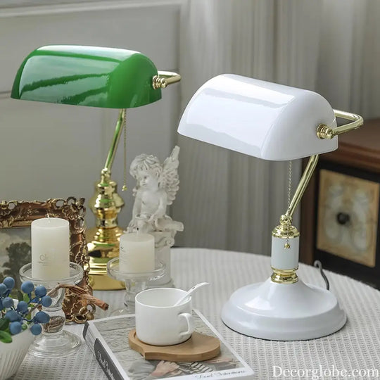 Colette Vintage Bankers Table Lamp with Green Glass Shade - Table Lamp