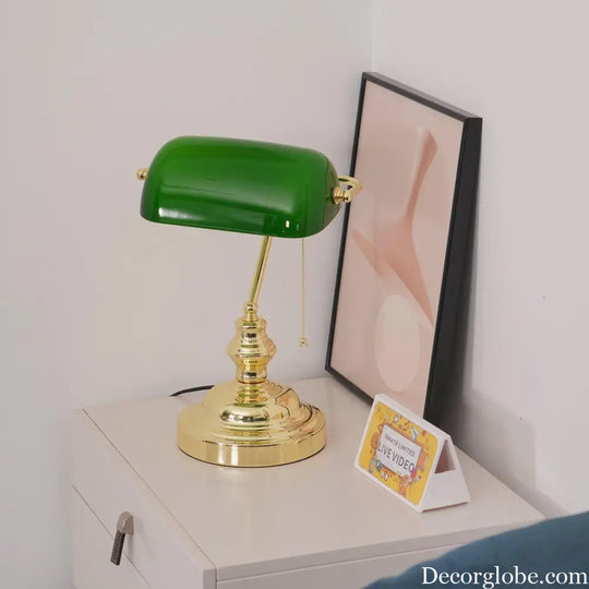 Colette Vintage Bankers Table Lamp with Green Glass Shade - Table Lamp