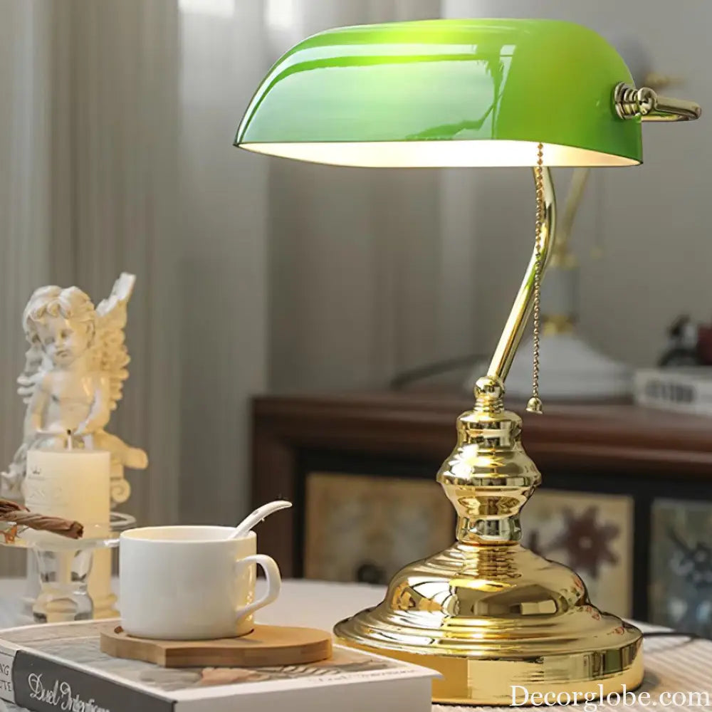 Colette Vintage Bankers Table Lamp with Green Glass Shade - Table Lamp