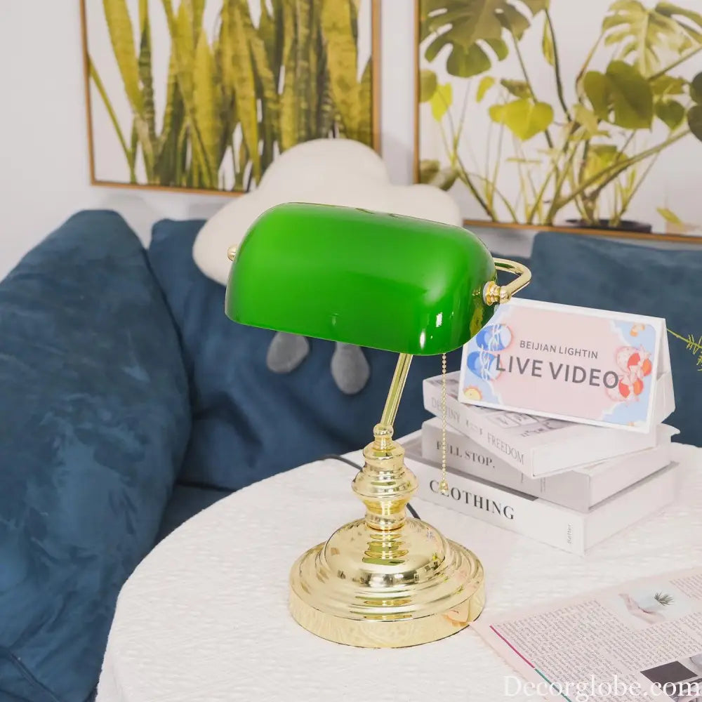 Colette Vintage Bankers Table Lamp with Green Glass Shade - Table Lamp