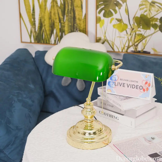 Colette Vintage Bankers Table Lamp with Green Glass Shade - Table Lamp