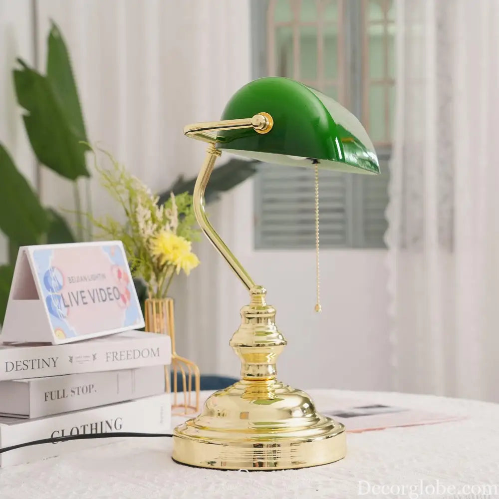 Colette Vintage Bankers Table Lamp with Green Glass Shade - Table Lamp