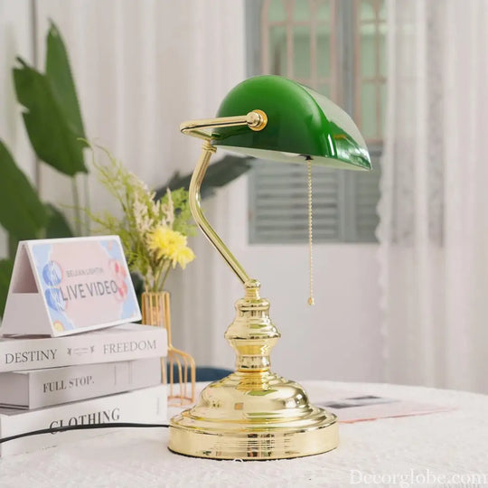 Colette Vintage Bankers Table Lamp with Green Glass Shade - Table Lamp