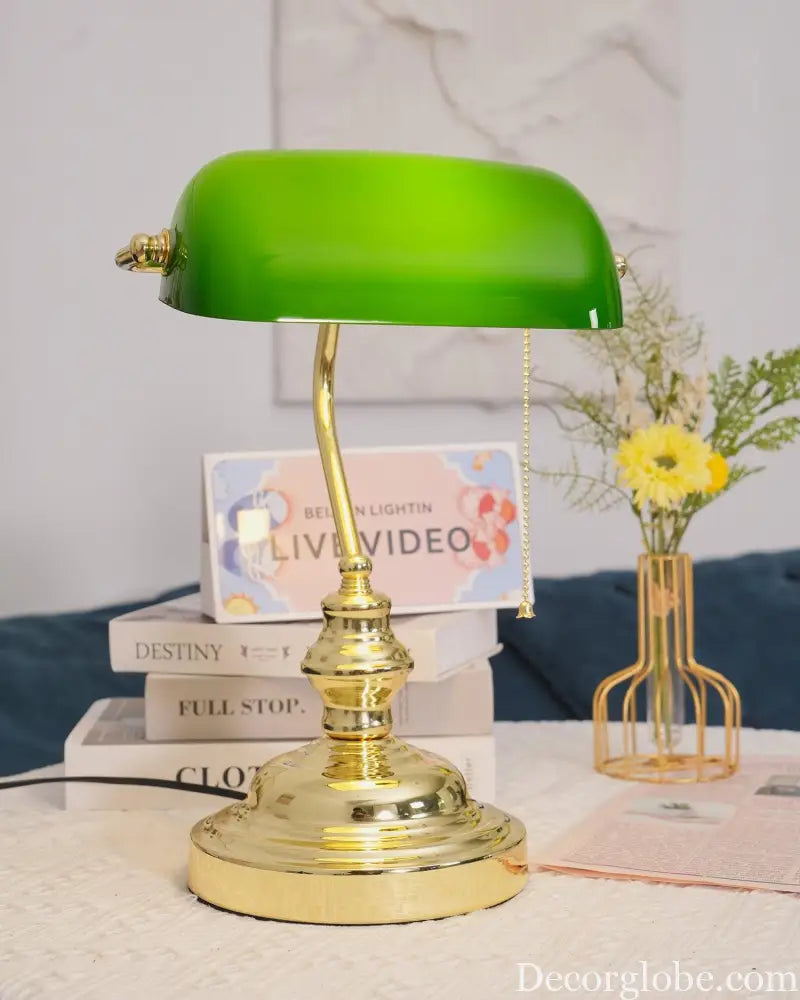 Colette Vintage Bankers Table Lamp with Green Glass Shade - Table Lamp