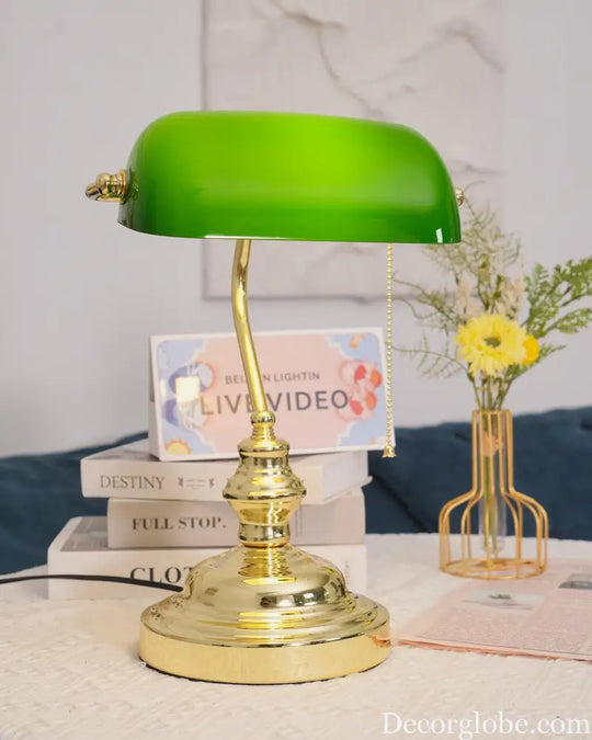 Colette Vintage Bankers Table Lamp with Green Glass Shade - Table Lamp