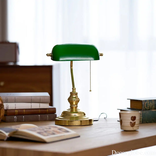 Colette Vintage Bankers Table Lamp with Green Glass Shade - Table Lamp