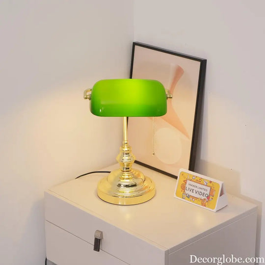 Colette Vintage Bankers Table Lamp with Green Glass Shade - Table Lamp