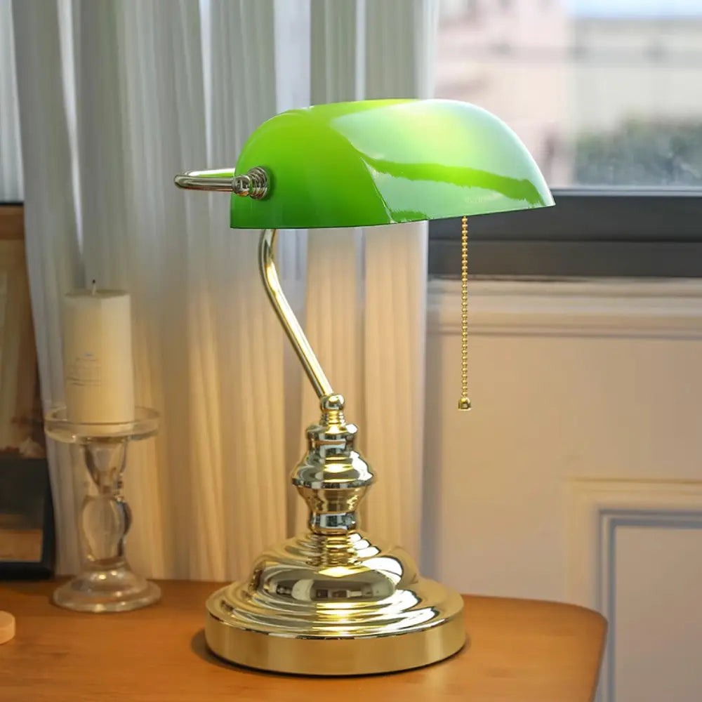 Colette Vintage Bankers Table Lamp with Green Glass Shade - Dia 26cm x H 36cm / ∅ 10.2″ x H 14.1″ / Gold &amp; Jade Green