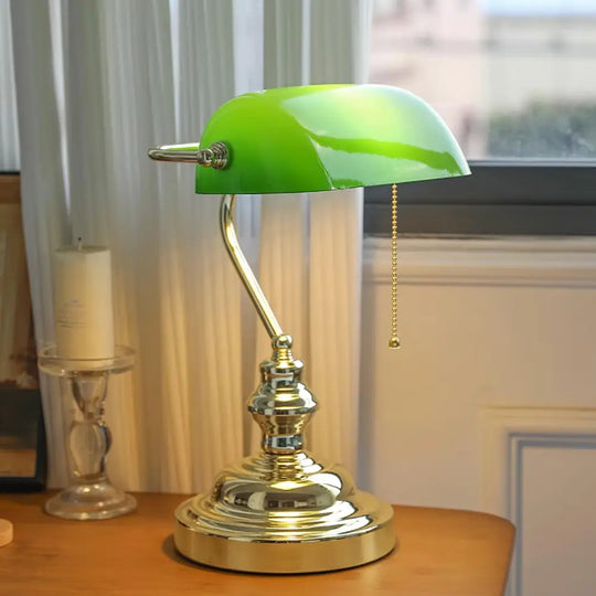 Colette Vintage Bankers Table Lamp with Green Glass Shade - Dia 26cm x H 36cm / ∅ 10.2″ x H 14.1″ / Gold &amp; Jade Green