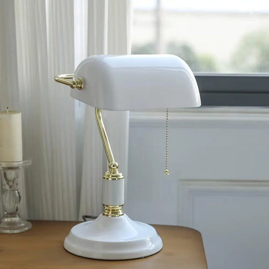 Colette Vintage Bankers Table Lamp with Green Glass Shade - Dia 26cm x H 36cm / ∅ 10.2″ x H 14.1″ / Gold &amp; White / US