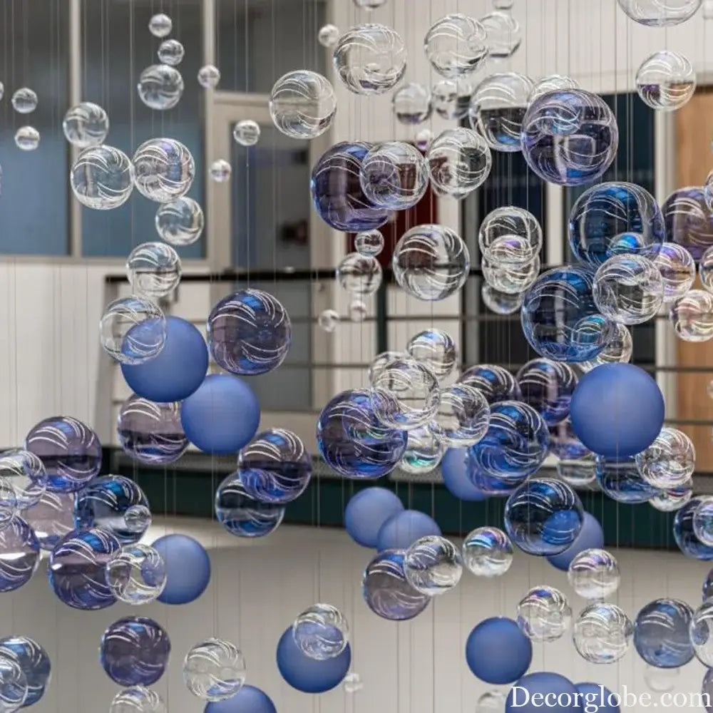 Contemporary Bubble Chandelier in Blue Handblown Glass Balls Globe Pendant Hanging Lamp for Staircase Hotel Bar Home