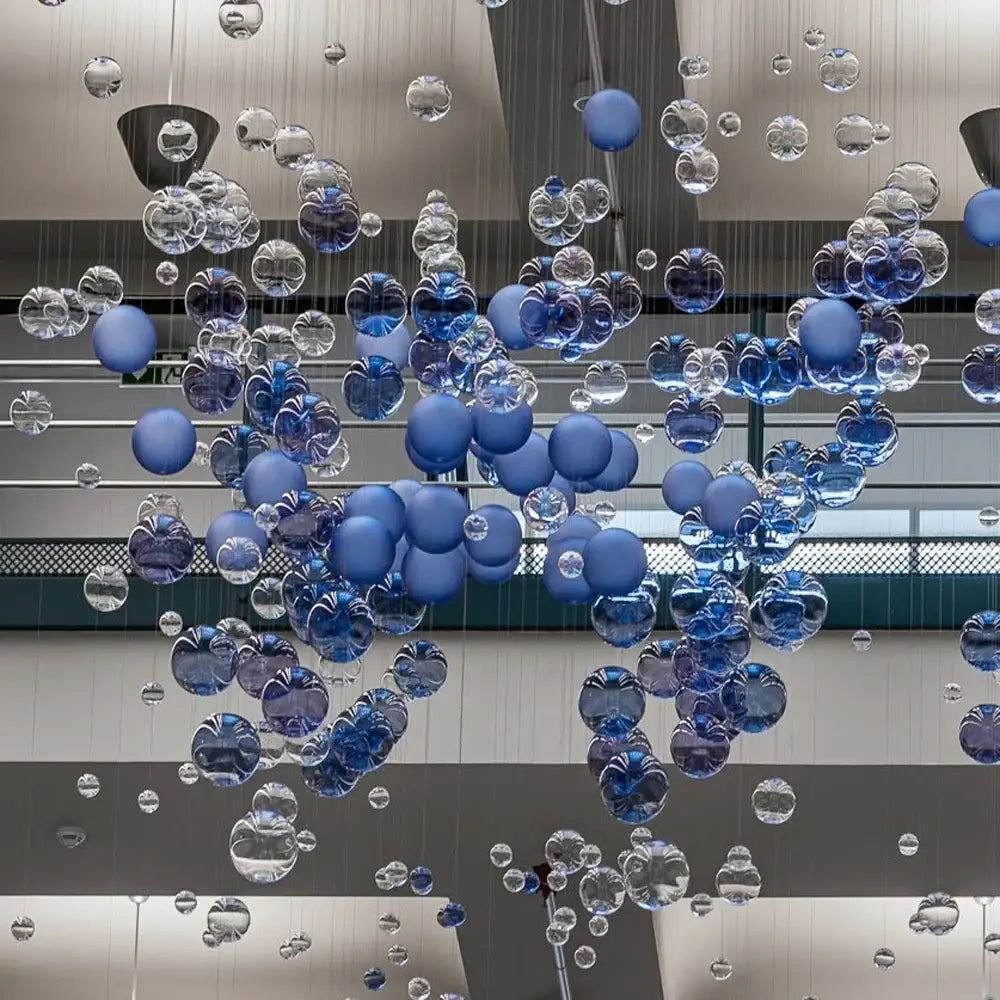 Contemporary Bubble Chandelier in Blue Handblown Glass Balls Globe Pendant Hanging Lamp for Staircase Hotel Bar Home