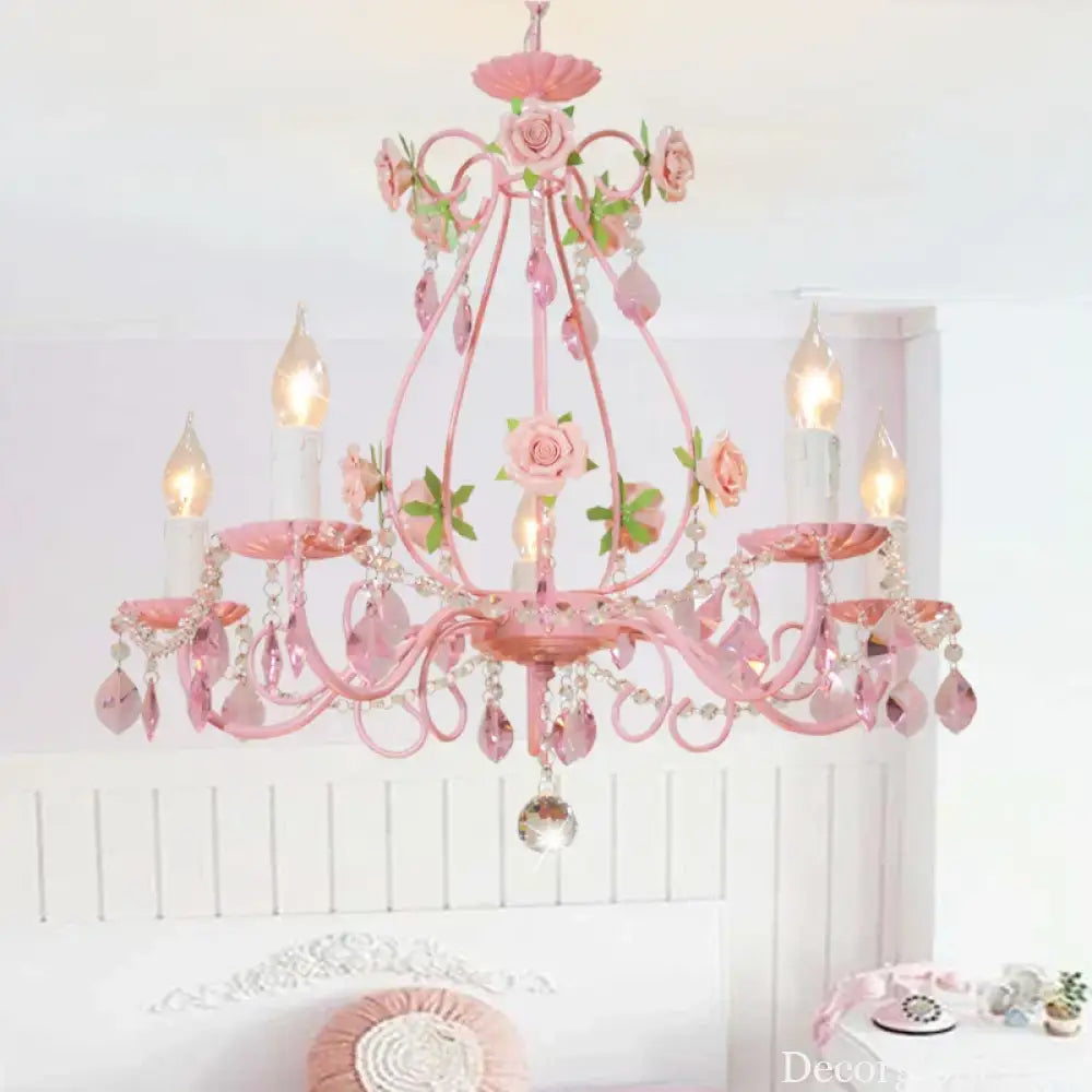 Contemporary Pink Ceiling Chandelier - E14 LED Lighting with Crystal, Iron, and Ceramic Accents - DecorGlobe