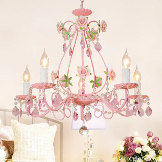 Contemporary Pink Ceiling Chandelier - E14 LED Lighting with Crystal, Iron, and Ceramic Accents - DecorGlobe