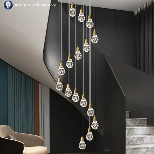 Double-Flight Staircase Chandelier Luxurious Villa With Grand Loft-Style Rotating Open-Plan Living Room And Crystal