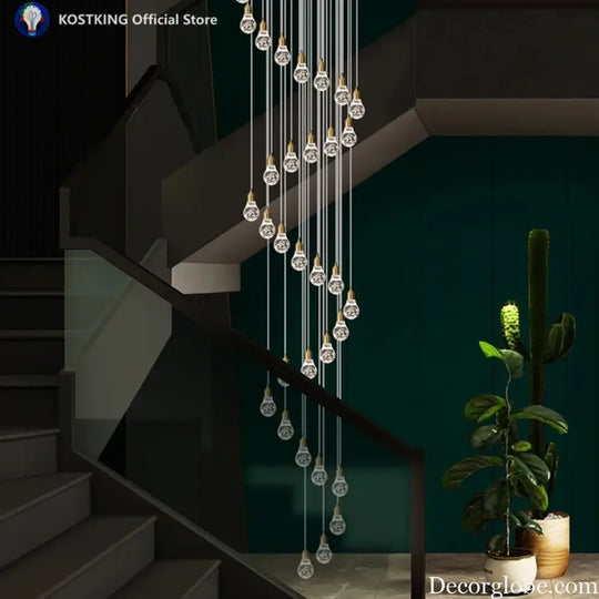Double-Flight Staircase Chandelier Luxurious Villa With Grand Loft-Style Rotating Open-Plan Living Room And Crystal