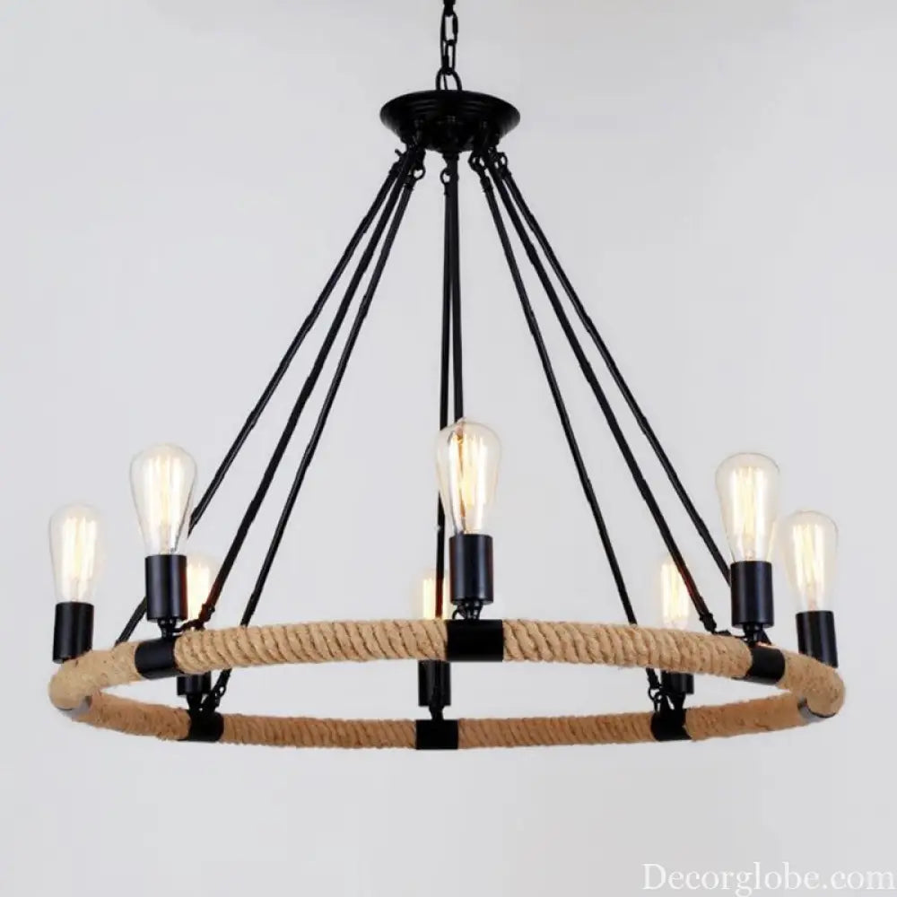Country Hemp Rope Loop Chandelier - Hanging Ceiling Light Black Restaurant Lamp