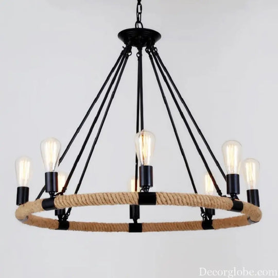 Country Hemp Rope Loop Chandelier - Hanging Ceiling Light Black Restaurant Lamp