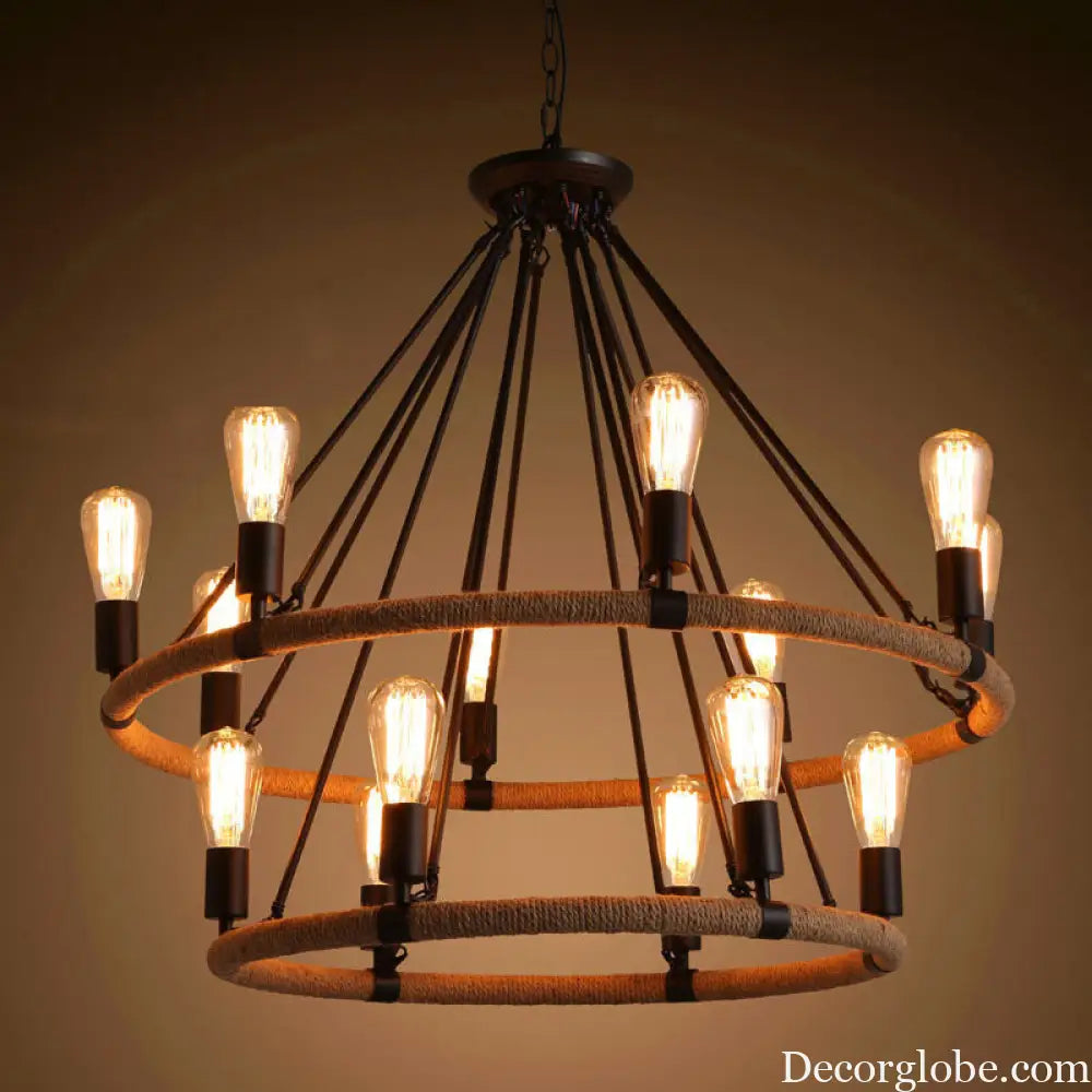 Country Hemp Rope Loop Chandelier - Hanging Ceiling Light Black Restaurant Lamp