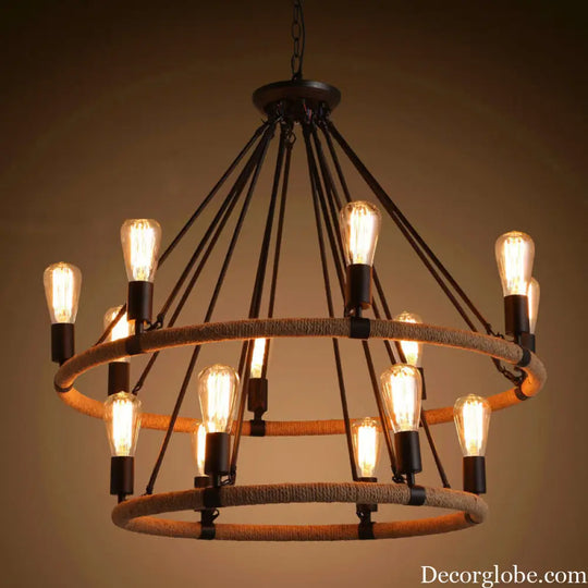 Country Hemp Rope Loop Chandelier - Hanging Ceiling Light Black Restaurant Lamp