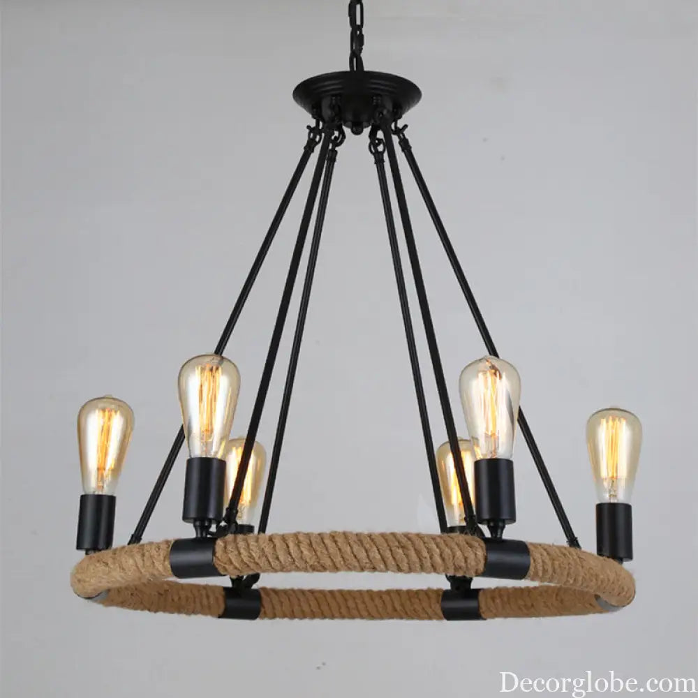 Country Hemp Rope Loop Chandelier - Hanging Ceiling Light Black Restaurant Lamp