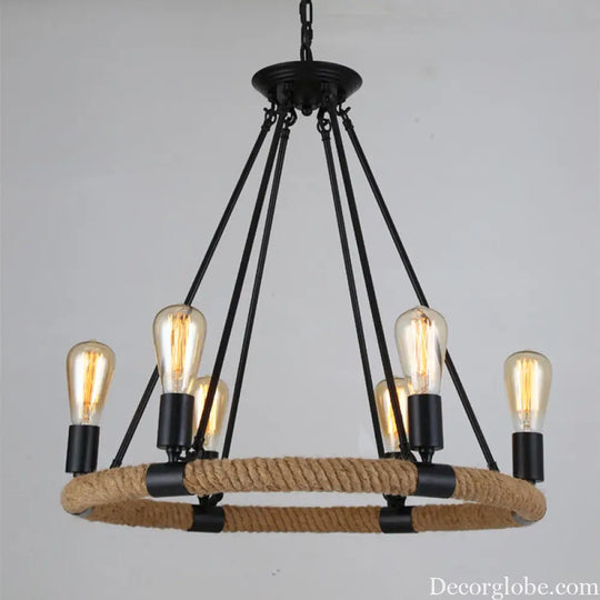 Country Hemp Rope Loop Chandelier - Hanging Ceiling Light Black Restaurant Lamp