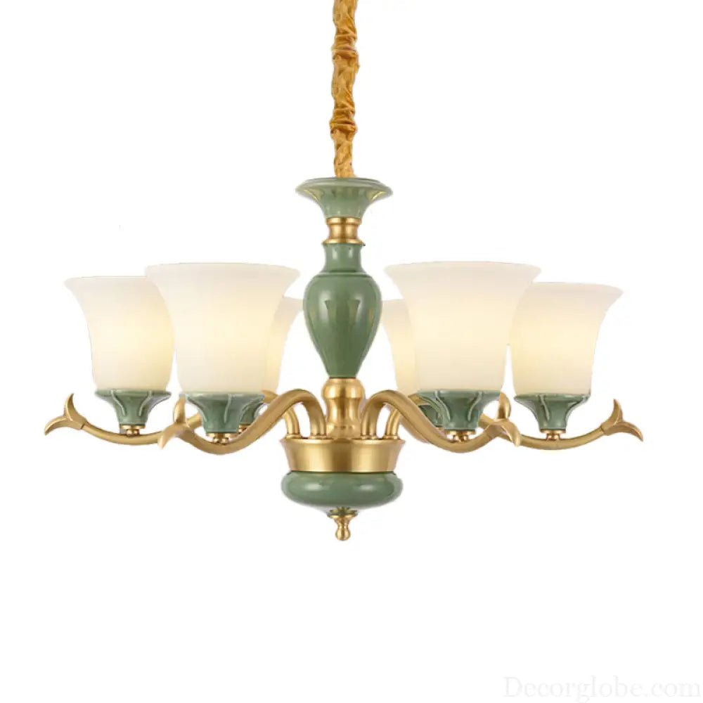 Frosted Glass Suspension Lighting - 3/6 Bulbs Countryside Green Chandelier for Guest Room