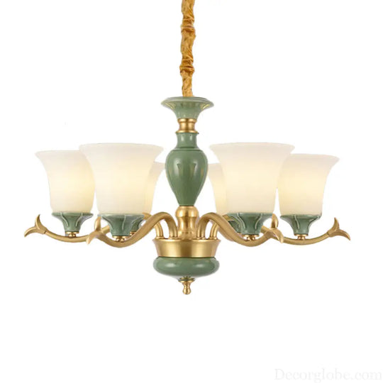 Frosted Glass Suspension Lighting - 3/6 Bulbs Countryside Green Chandelier for Guest Room