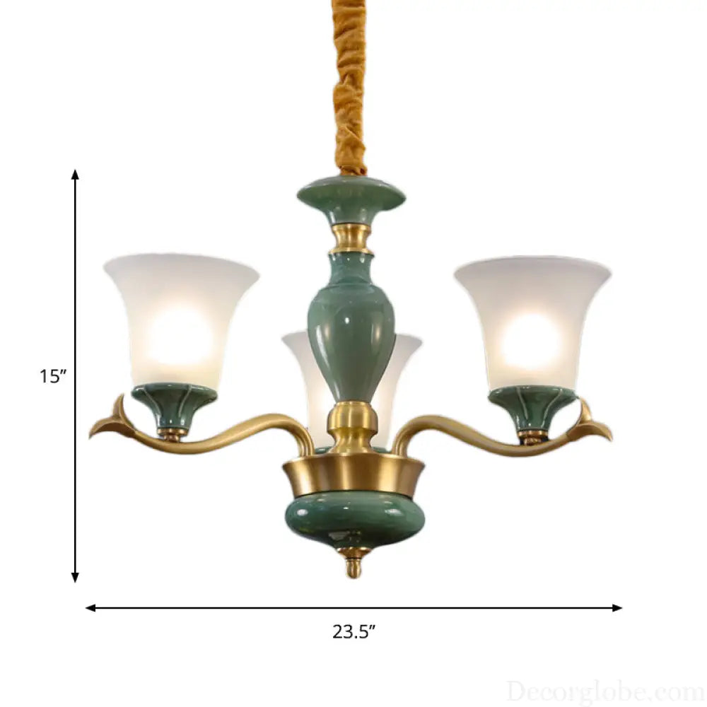 Frosted Glass Suspension Lighting - 3/6 Bulbs Countryside Green Chandelier for Guest Room