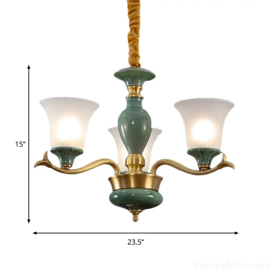 Frosted Glass Suspension Lighting - 3/6 Bulbs Countryside Green Chandelier for Guest Room