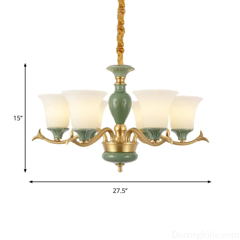 Frosted Glass Suspension Lighting - 3/6 Bulbs Countryside Green Chandelier for Guest Room