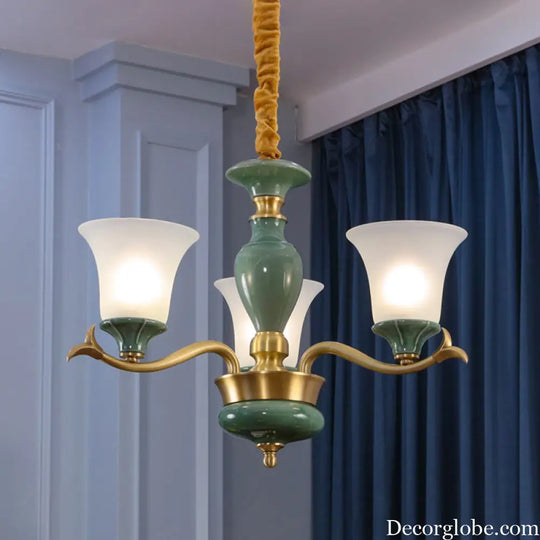 Frosted Glass Suspension Lighting - 3/6 Bulbs Countryside Green Chandelier for Guest Room