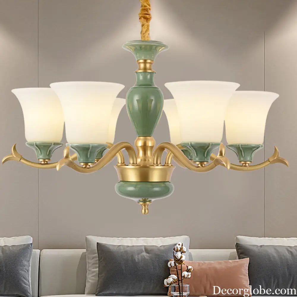 Frosted Glass Suspension Lighting - 3/6 Bulbs Countryside Green Chandelier for Guest Room