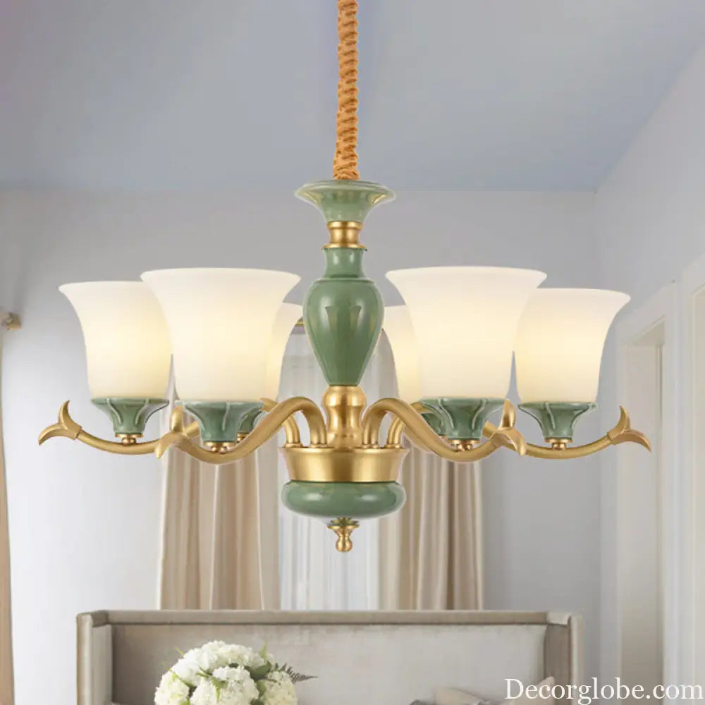Frosted Glass Suspension Lighting - 3/6 Bulbs Countryside Green Chandelier for Guest Room