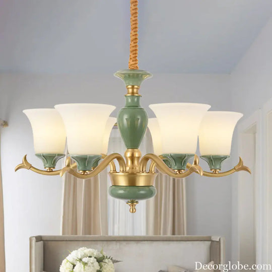 Frosted Glass Suspension Lighting - 3/6 Bulbs Countryside Green Chandelier for Guest Room