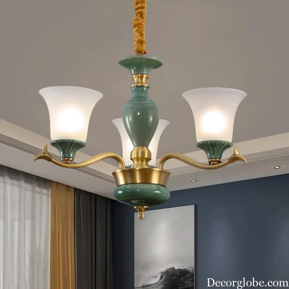 Frosted Glass Suspension Lighting - 3/6 Bulbs Countryside Green Chandelier for Guest Room