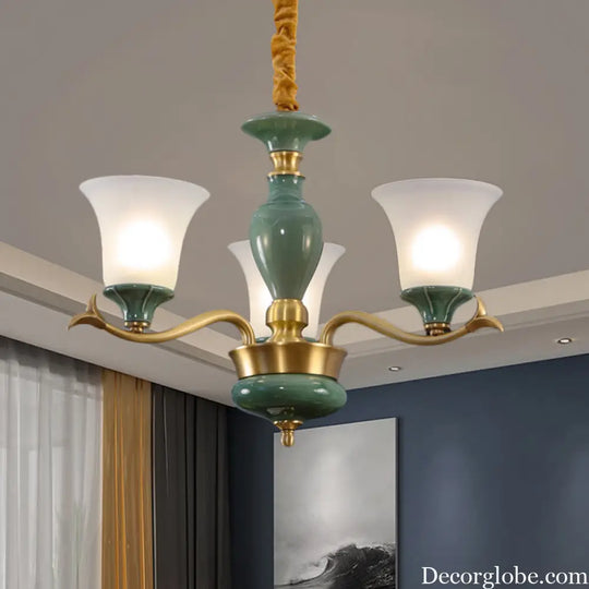 Frosted Glass Suspension Lighting - 3/6 Bulbs Countryside Green Chandelier for Guest Room