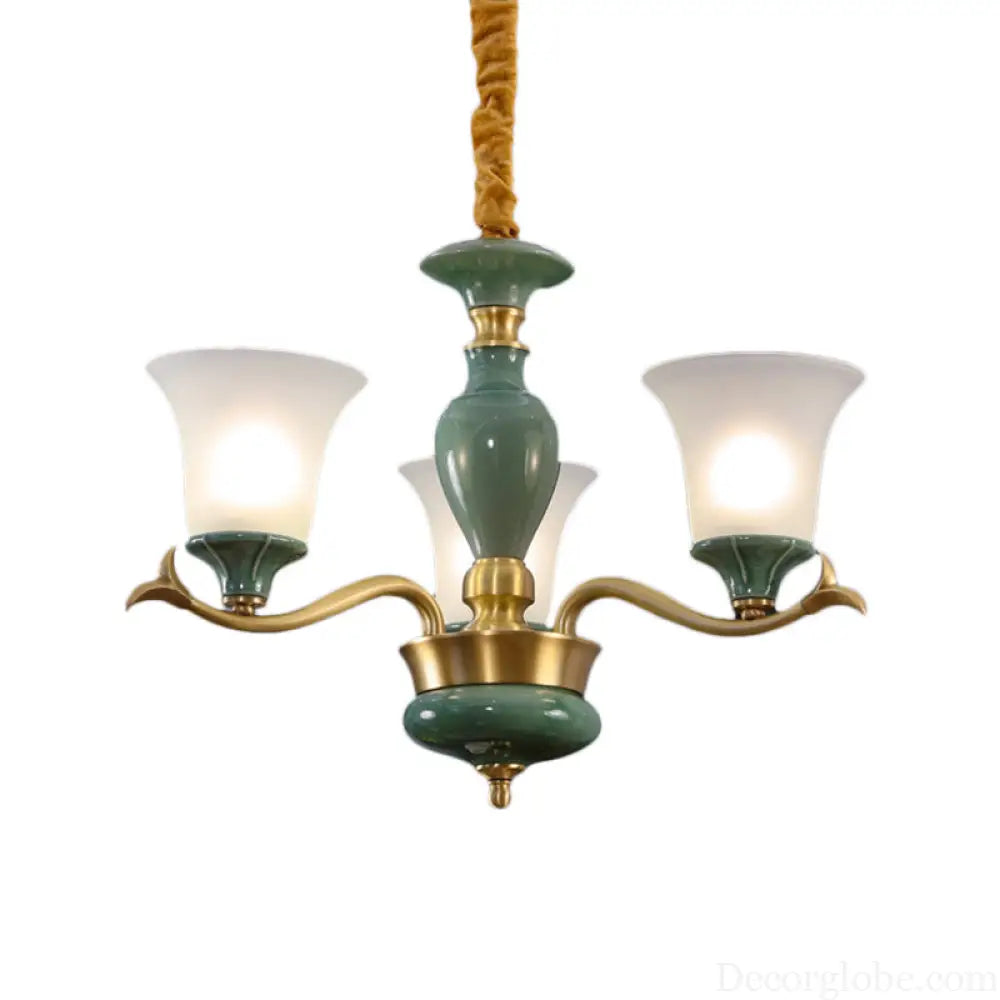 Frosted Glass Suspension Lighting - 3/6 Bulbs Countryside Green Chandelier for Guest Room