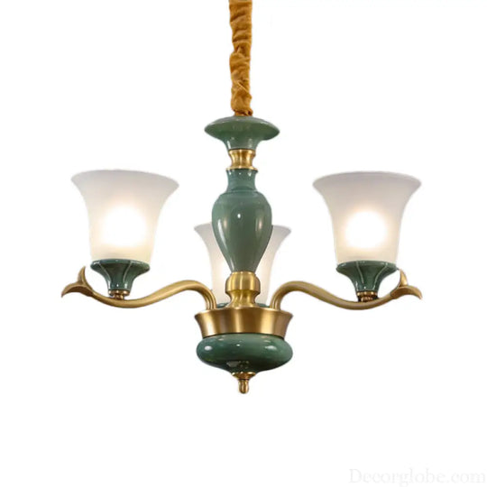 Frosted Glass Suspension Lighting - 3/6 Bulbs Countryside Green Chandelier for Guest Room