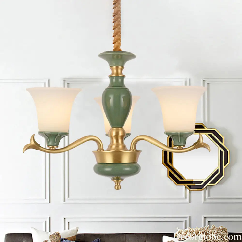 Frosted Glass Suspension Lighting - 3/6 Bulbs Countryside Green Chandelier for Guest Room