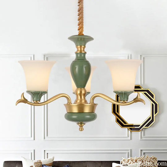 Frosted Glass Suspension Lighting - 3/6 Bulbs Countryside Green Chandelier for Guest Room