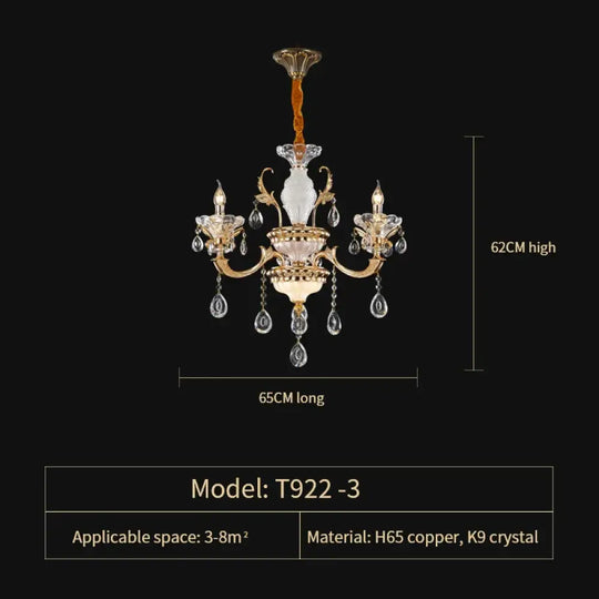 Crystal Candle Chandelier for Living Room and Dining Area 3 Heads D65CM / Three Color Chandelier