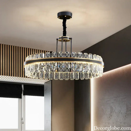 Crystal Chandelier - Modern Minimalist LED Black Leather Design for Living Rooms, Bedrooms, and Dining Spaces - DecorGlobe