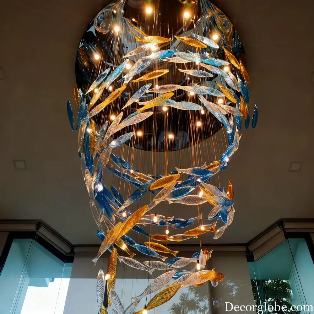 Customized Fish-Shaped Chandelier Hotel Lobby Glass Non-Standard Engineering Fish School Dolphin Wedding Decorative Art