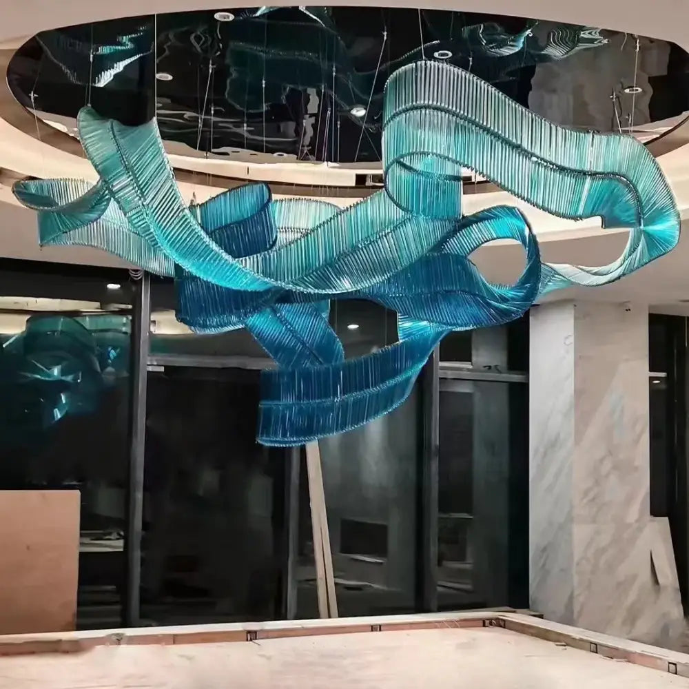 Zhongshan Custom Chandelier Long Amber Ribbon Glass Pendant Light Hall Lobby Project Lights - blue / glassSample
